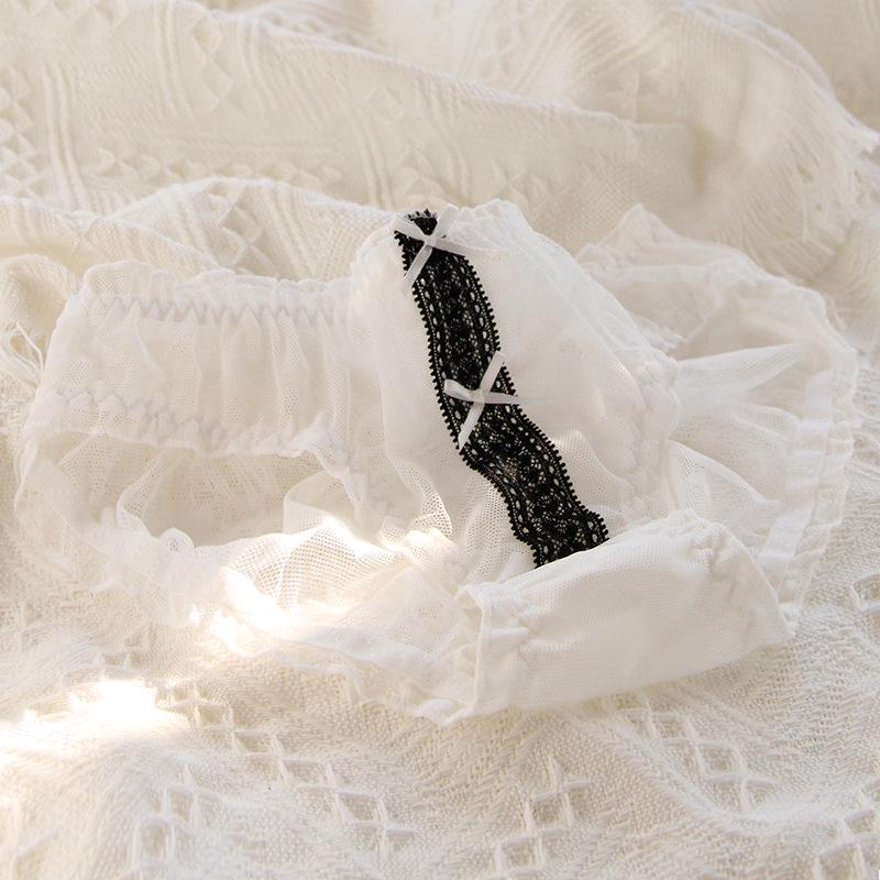 Women's Mid-Waist Lace Mesh Panties with Black Edge and Bow
