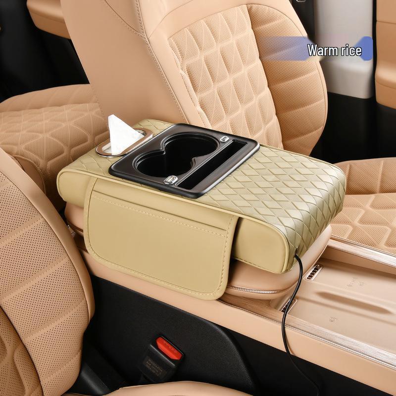 Rhombus Charging Car Armrest with Nappa Leather, Dual Cup Holder, Storage & Tissue Box.