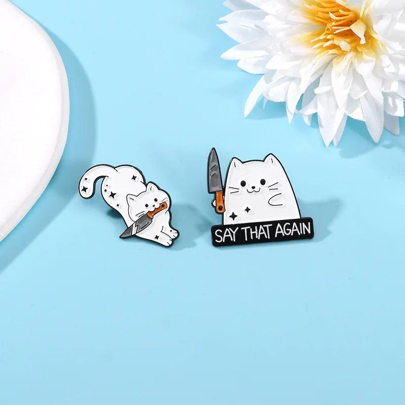 Cute Cartoon White Cat Small Knife Dagger Enamel Brooch Creative Animal Lapel Pin Badge Backpack Clothing Hat Accessories