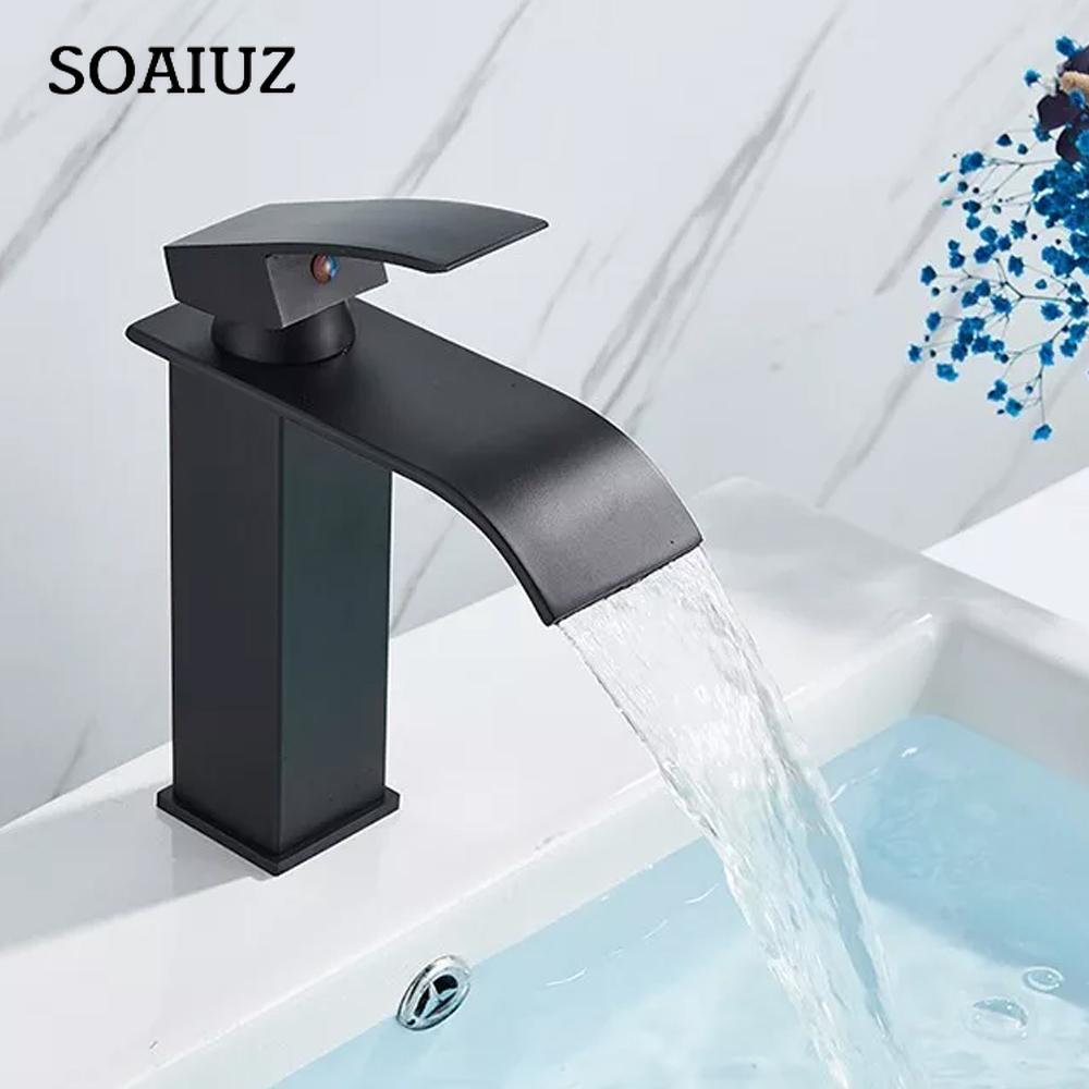 Black Waterfall Bathroom Faucet Basin Vanity Vessel Sinks Mixer Tap Cold And Hot Water Tap Single Hole Bath Sink Faucets Crane