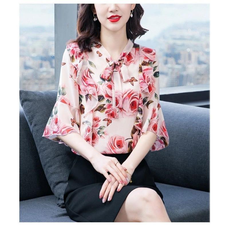 Floral Shirt for Women Summer New Fashion Temperament Trumpet Sleeve Shirt Super Fairy Top for Women with Stylish Bow