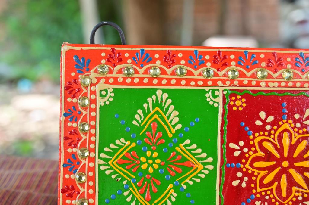 Hand Painted Indian Folk Art Wall Decor: Mirror Work Ethnic Panel