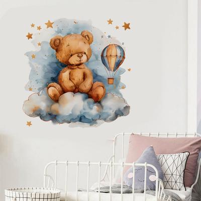 Adesivi Murali Orso Cartone Animato Nuvola Stella Mongolfiera, Decorazione Stanza Bambini, Arte Murale Asilo Nido, Decorazione Murale Casa per Stanza dei Bambini