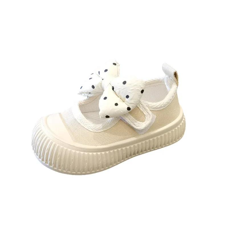 Spring New Sneakers Girl Polka Dots  Bows Child Sneakers Soft Soles Comfor Princess Girls' Shoes Baby Square Mouth Canvas Shoe