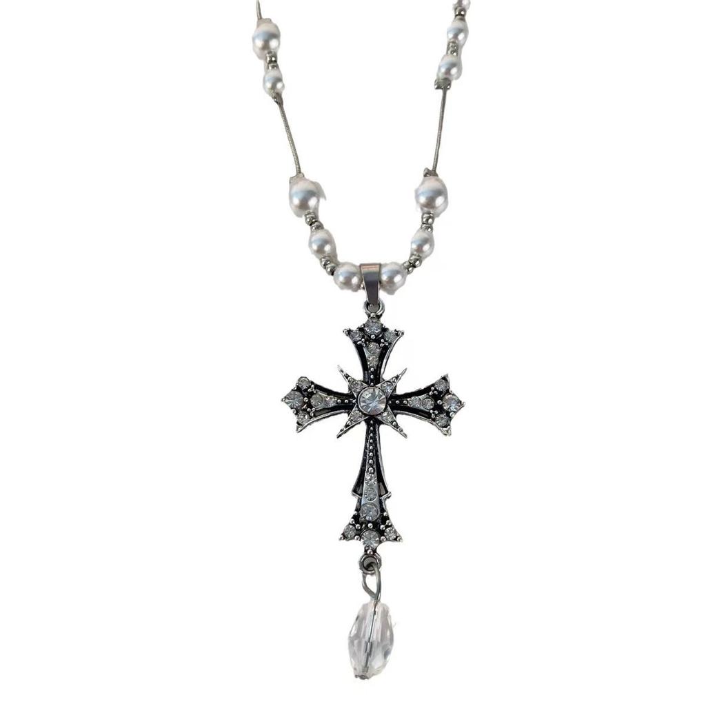 Diamond-encrusted Artificial Pearl Cross Water Drop Necklace Personalized Fashion Long Sweater Chain Autumn and Winter Versatile New Item Accessories