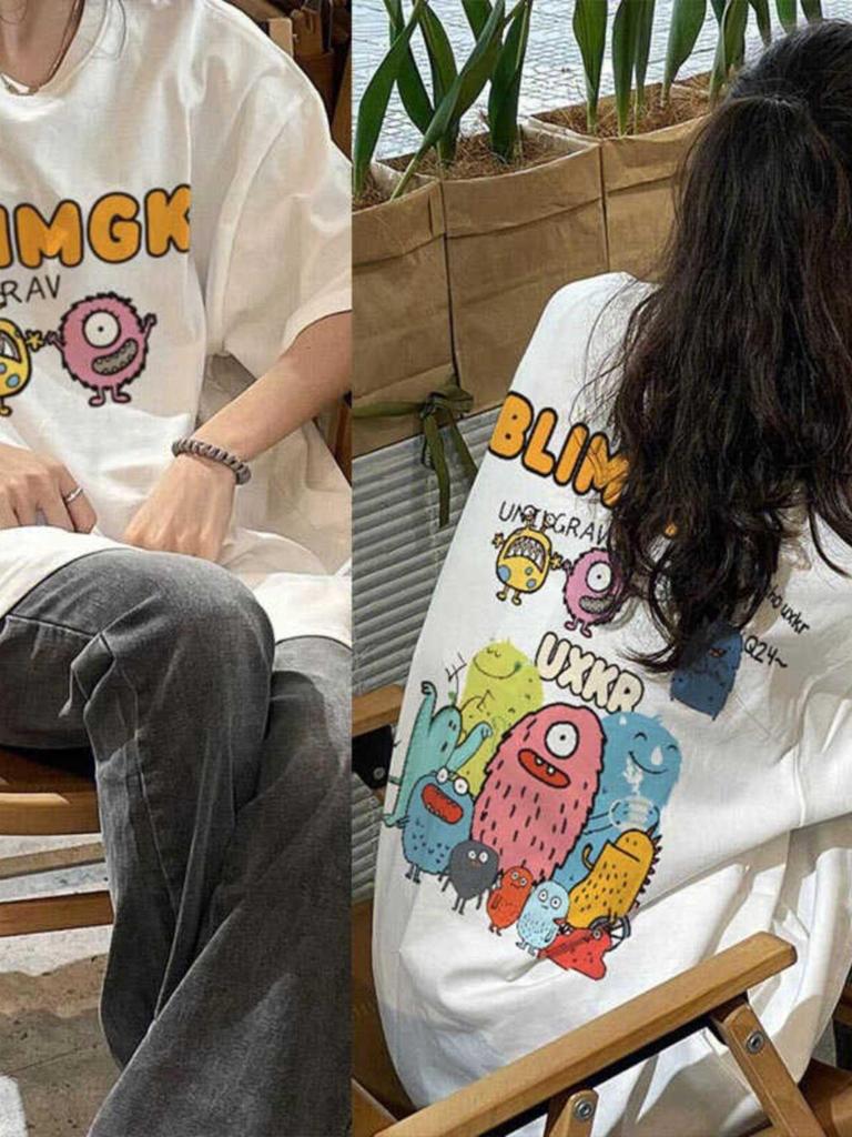 Japanese Retro Chic Unisex Plus-Size Loose Cotton T-Shirt for Couples
