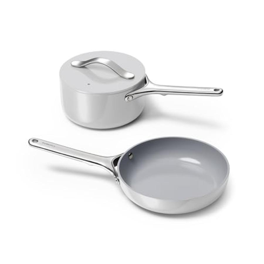 

Mini Cookware Set - Non-Stick Ceramic Fry Pan 8 1.05 qt Sauce Pan 1.75 qt with Storage Rack - Non Toxic PTFE PFOA Free Oven Saf серый