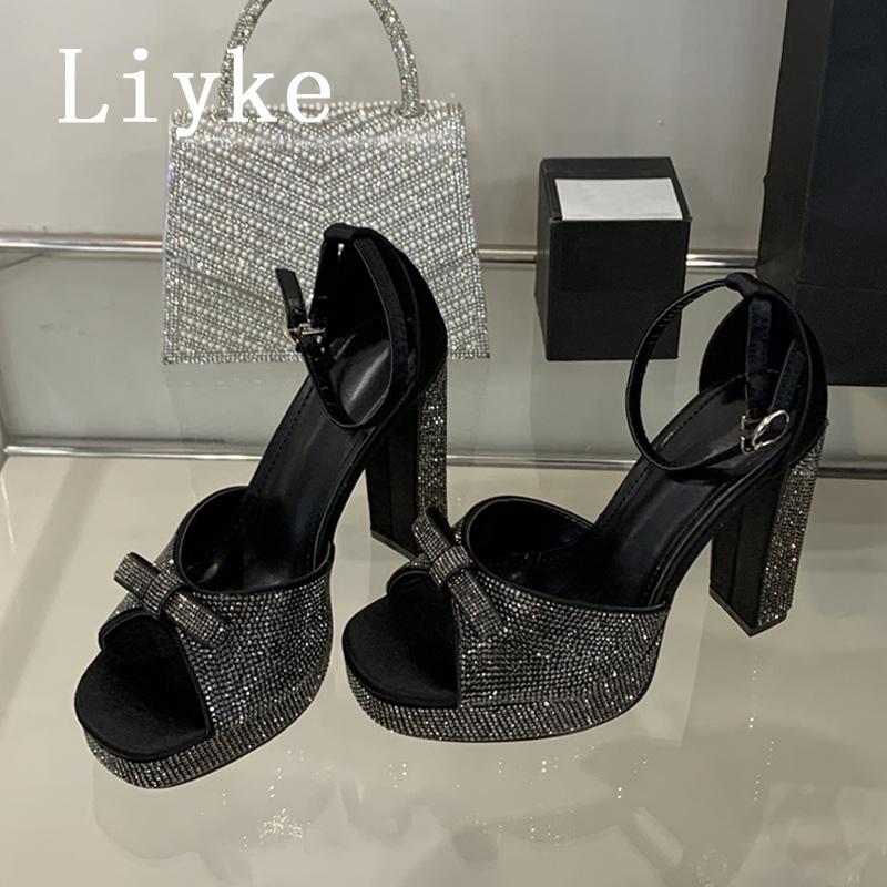Fashion Liyke Summer Fashion Crystal Bowknot Open Toe Rhinestone Platform Sandals Women Silver High Heels Party Dress Shoe Zapatos Mujer