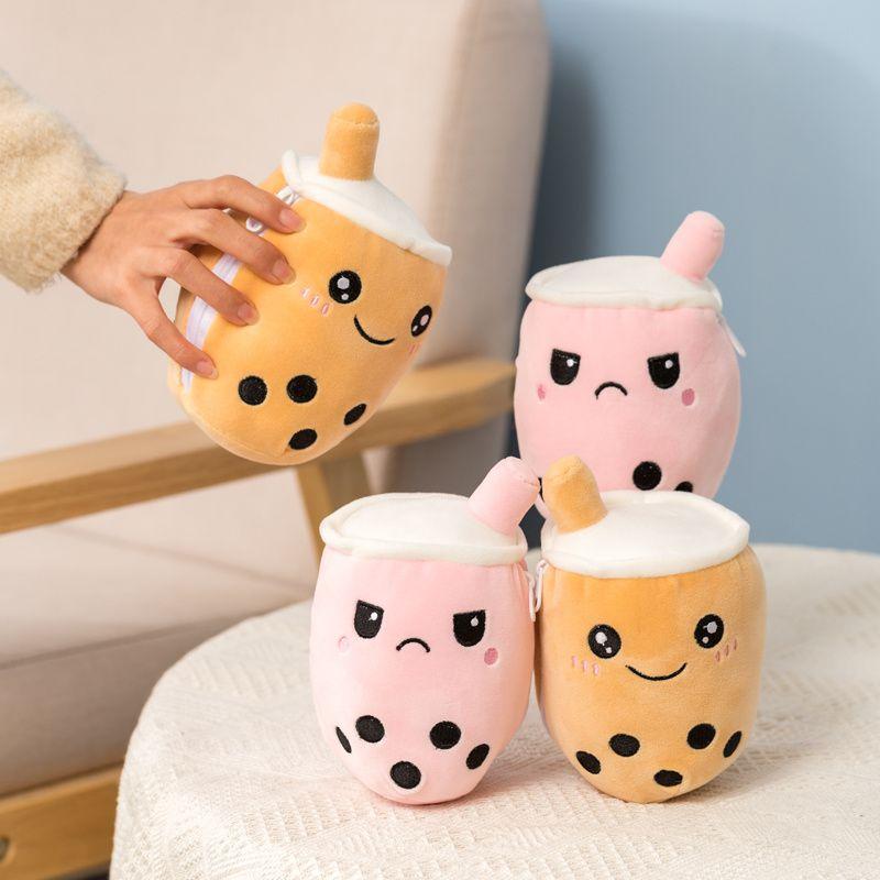 Cozy Reversible Secret Pouch Boba Plushie Bubble Tea Milk Stuffed Toy For Kids