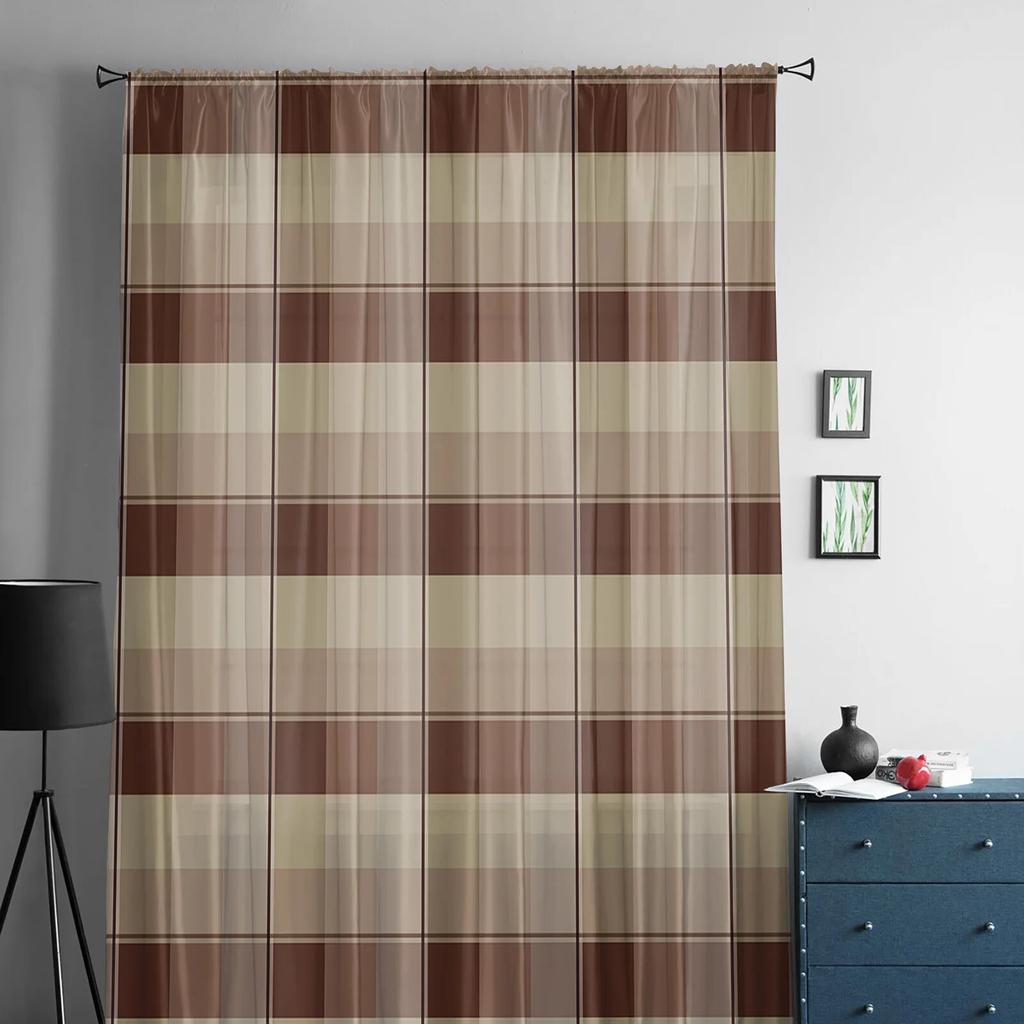 Brown Plaid Sheer Curtains For Living Room Bedroom Home Decor Kitchen Tulle For Windows Voile Drapes
