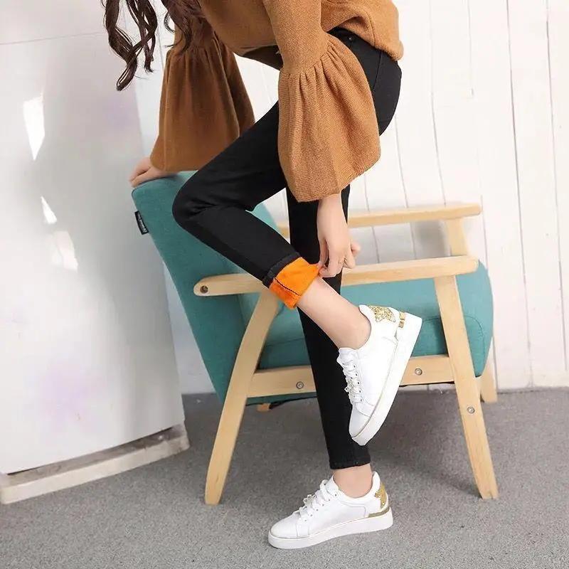 Quality High-waisted Fleece-lined Jeans Women's Elastic Trousers Thickened Outer Wear for Winter Small Feet