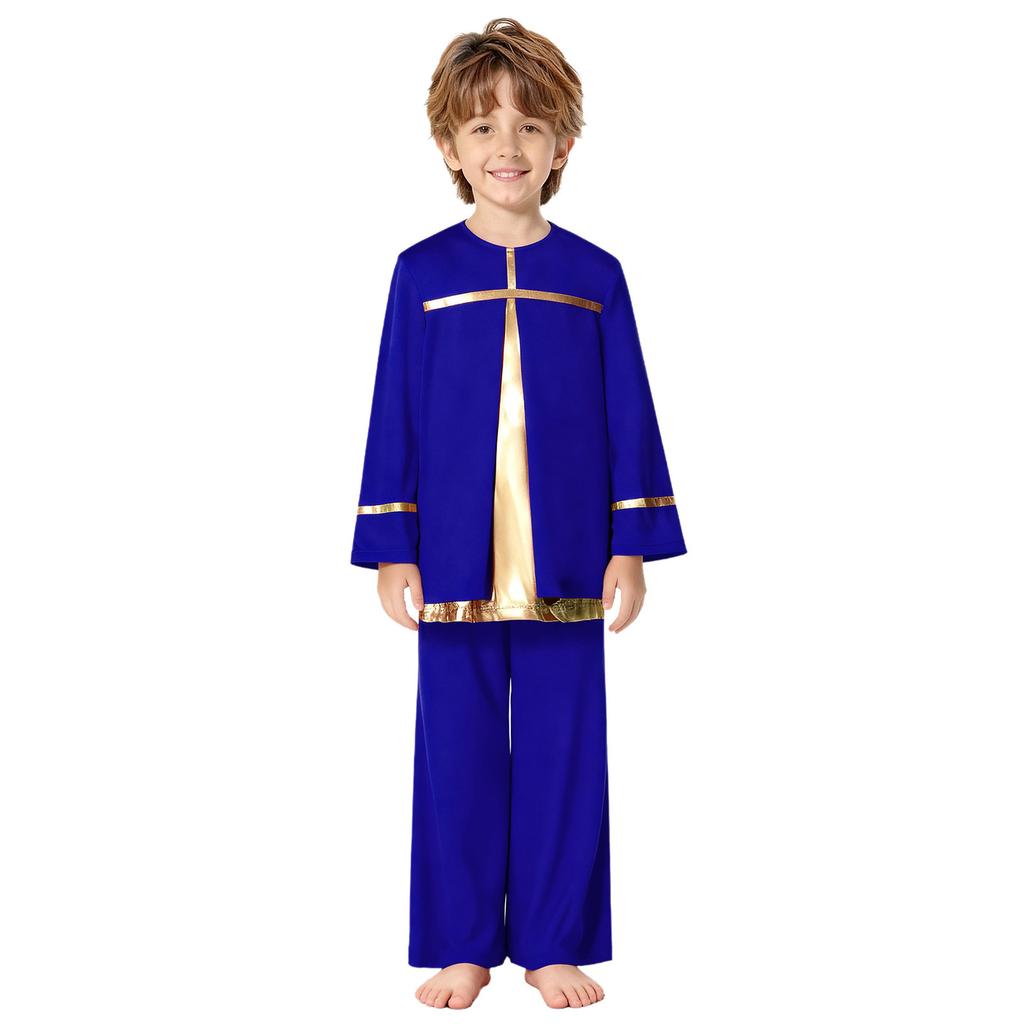 Kids Boys Church Performance Set: Long Sleeve Metallic Patchwork Top & Wide-Leg Pants with Elastic Waistband for Praise Dance