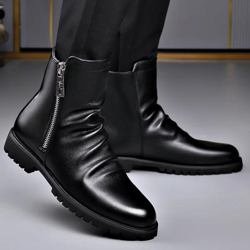 Modă Toamnă Iarnă Ghete de Gleznă din Piele Neagră pentru Bărbați Modă Casual Nou Designer Lână Caldă Bumbac Pantofi Bărbați Mărime Mare Ghete cu Platformă