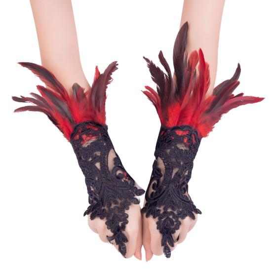 Women's Feather Wrist Cuffs Gothic Lace Feather Long Fingerless Gloves