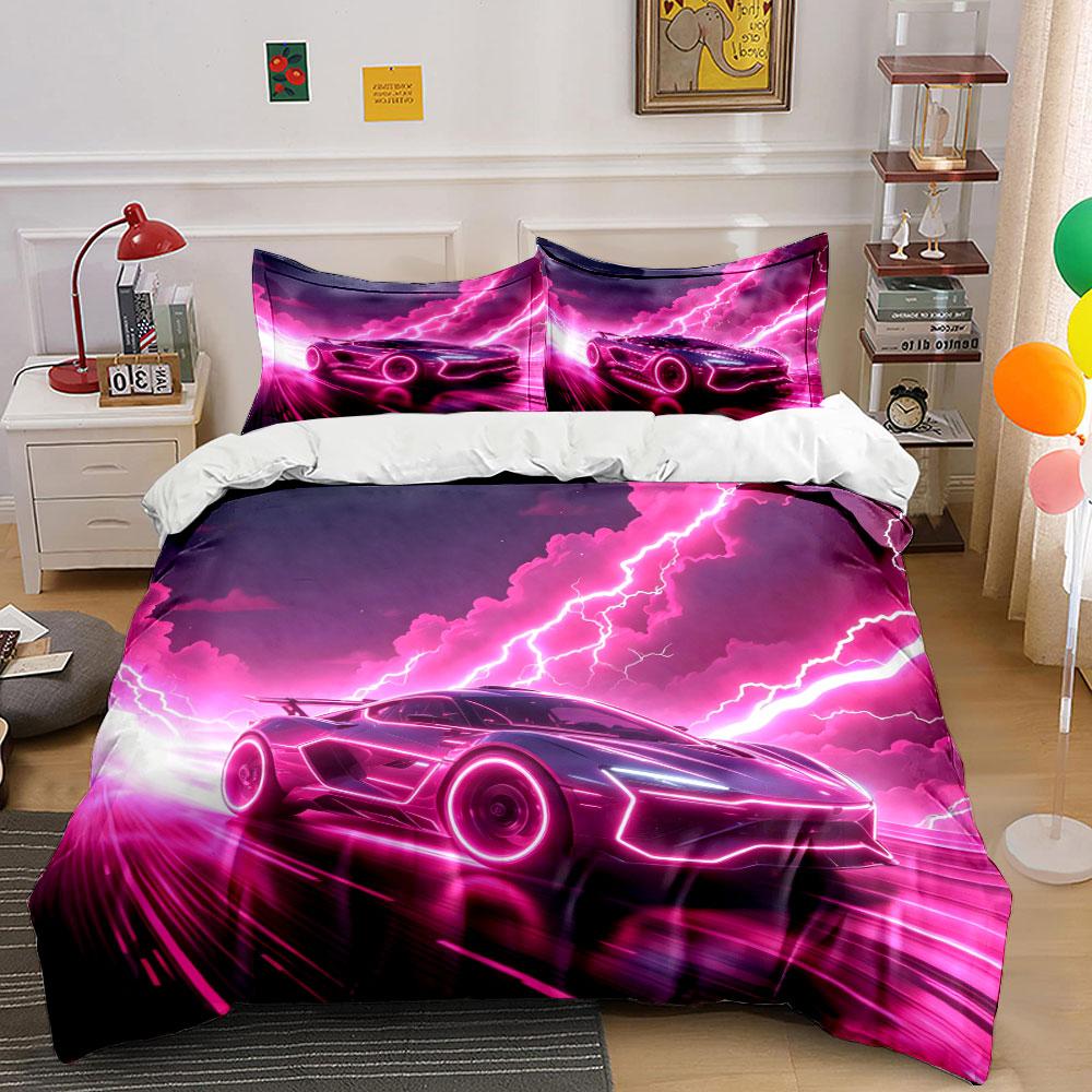 Cyberpunk Pink Neon Futuristic Sports Car Bedding Set,Purple Lightning Glow Hypercar Racing Print 3pc For Racing Fans