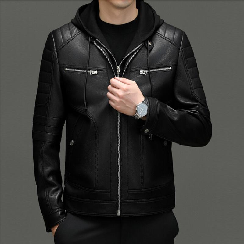 Men's Goat Leather Leather Jacket Men's Hooded Removable Youth Trend Motorcycle Clothing Leather Jacket
