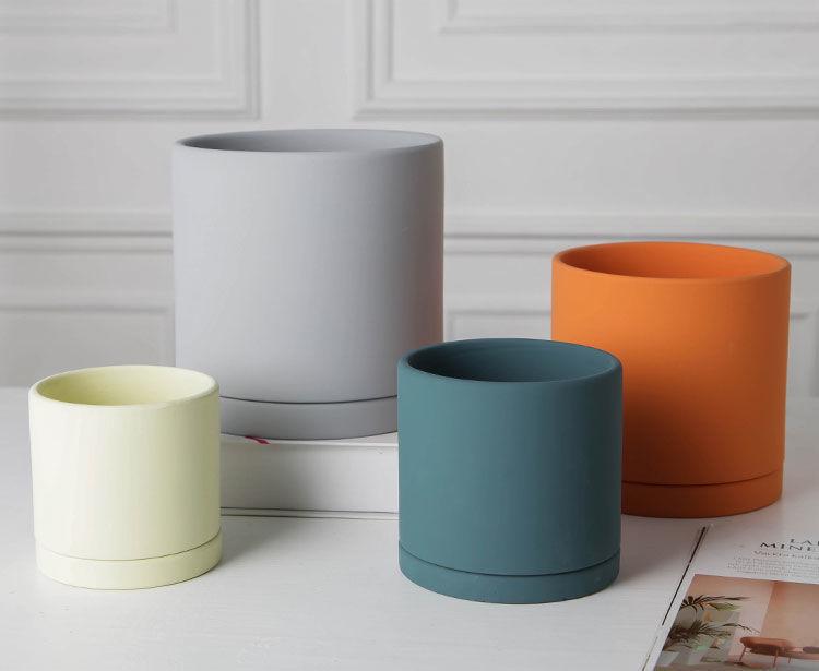 Morandi Colorful Ceramic Cylinder Flower Pots with Saucers for Indoor/Outdoor Plants