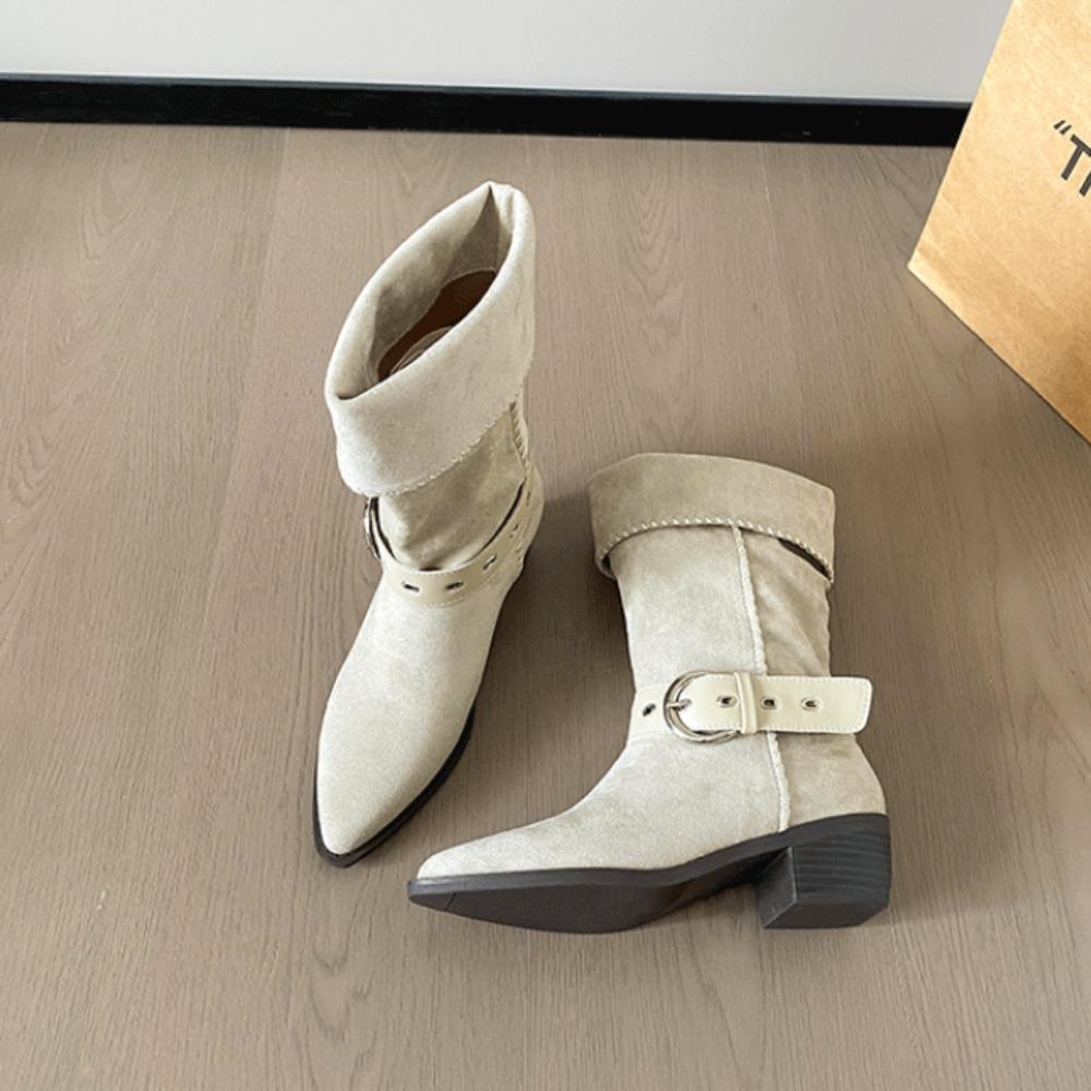 Women's High Boots Suede Retro Two-wear Medium Tube Pointed Boots Women's New Autumn Thick Heel Medium Heel Pleated Cowboy Boots