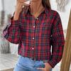 Women Streetwear Long Sleeve Tee Shirt Turndown Collar Grid Top Blouse Casual Wear Ladies Fashion