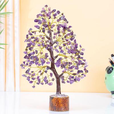 Crystals Gemstones Bonsai Money Tree for Good Luck, Decoration Gift Item - 10-12 Inch (Amethyst Golden Wire)