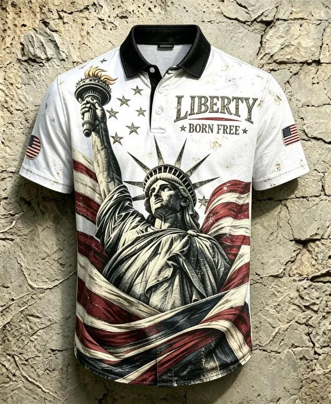 Patriotic Vintage Eagle Flag Short Sleeve Polo, Men's Stylish Casual Top