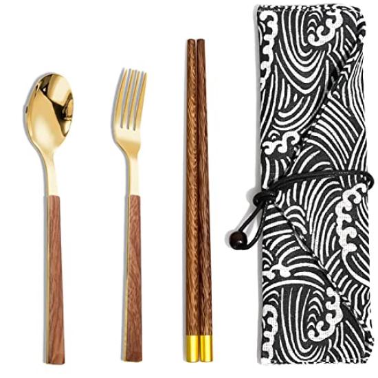 

Столовые приборы Fiorifiore Деревянная сумка для хранения Обед Столовая посуда для студента Легко из нержавеющей стали для набора для улицы, Палочки для еды, Ложка, Вилка, В комплекте, Набор из 4 предметов, золотой