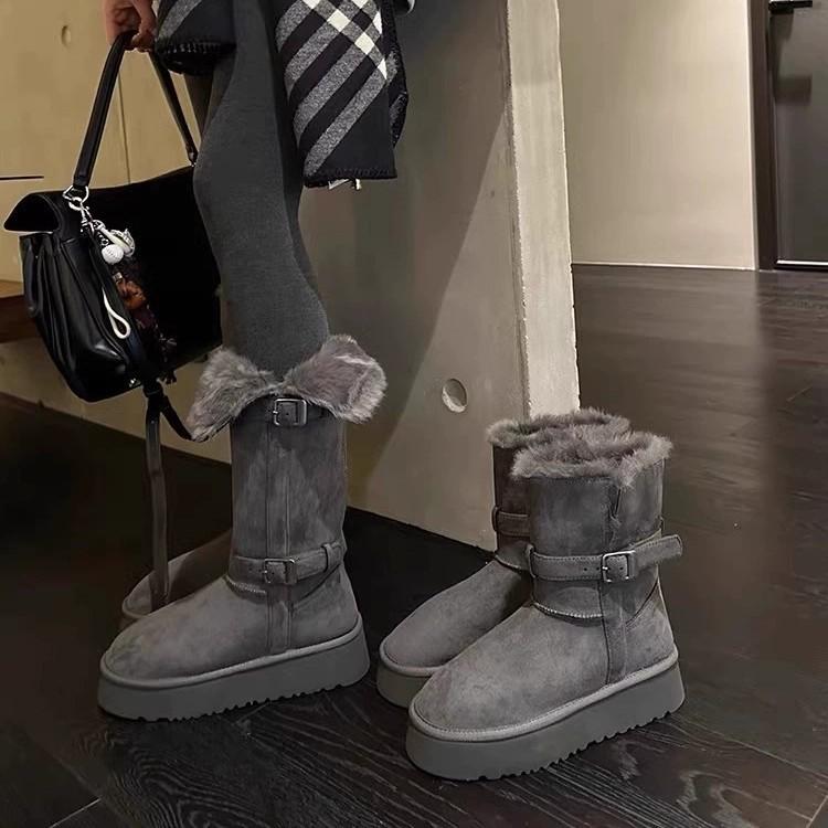 Cowhide Version~ Grey Snow Boots for Women's 2025 Winter New Thick-soled Heightened Velvet Thickened Long-tube Snow Cotton Shoes