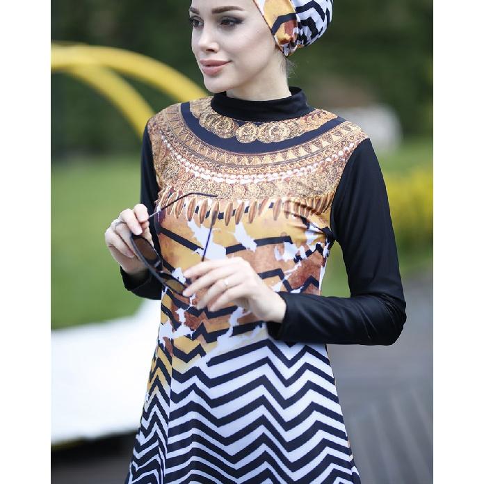 

2-piece Muslim Women s Modest Colorblock Floral Print Seaside Swimwear Full Coverage Swimsuit Beachwear Burkini Swimsuit Set (without Headscarf) 5XL чорний