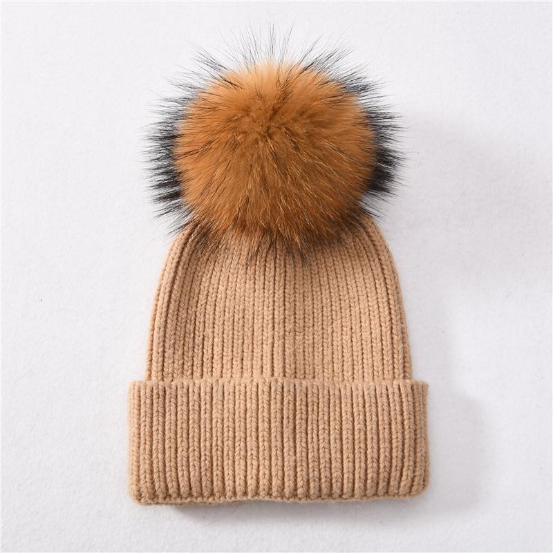Jaxmonoy Kaschmir-Strickmütze, große Beanie-Mütze mit echtem Waschbärfell und Bommel, hochwertige, warme Mütze, Damenmütze