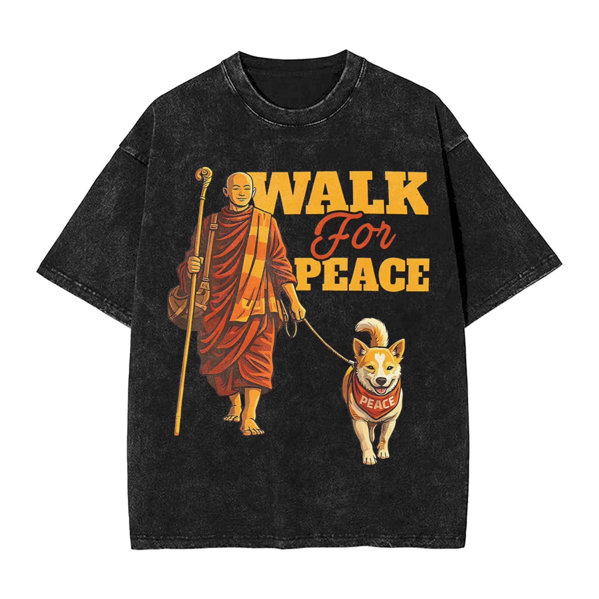 

Walk Peace Monks with Aloka Dog Washed T Shirt Merch Harajuku TShirt for Unisex Women Tees S
