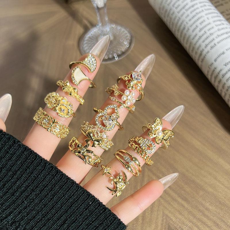 2026 Ring Female Niche Design Sense Geometric Micro-inlaid Zircon Cold Wind Versatile Retro Adjustable Texture Ring