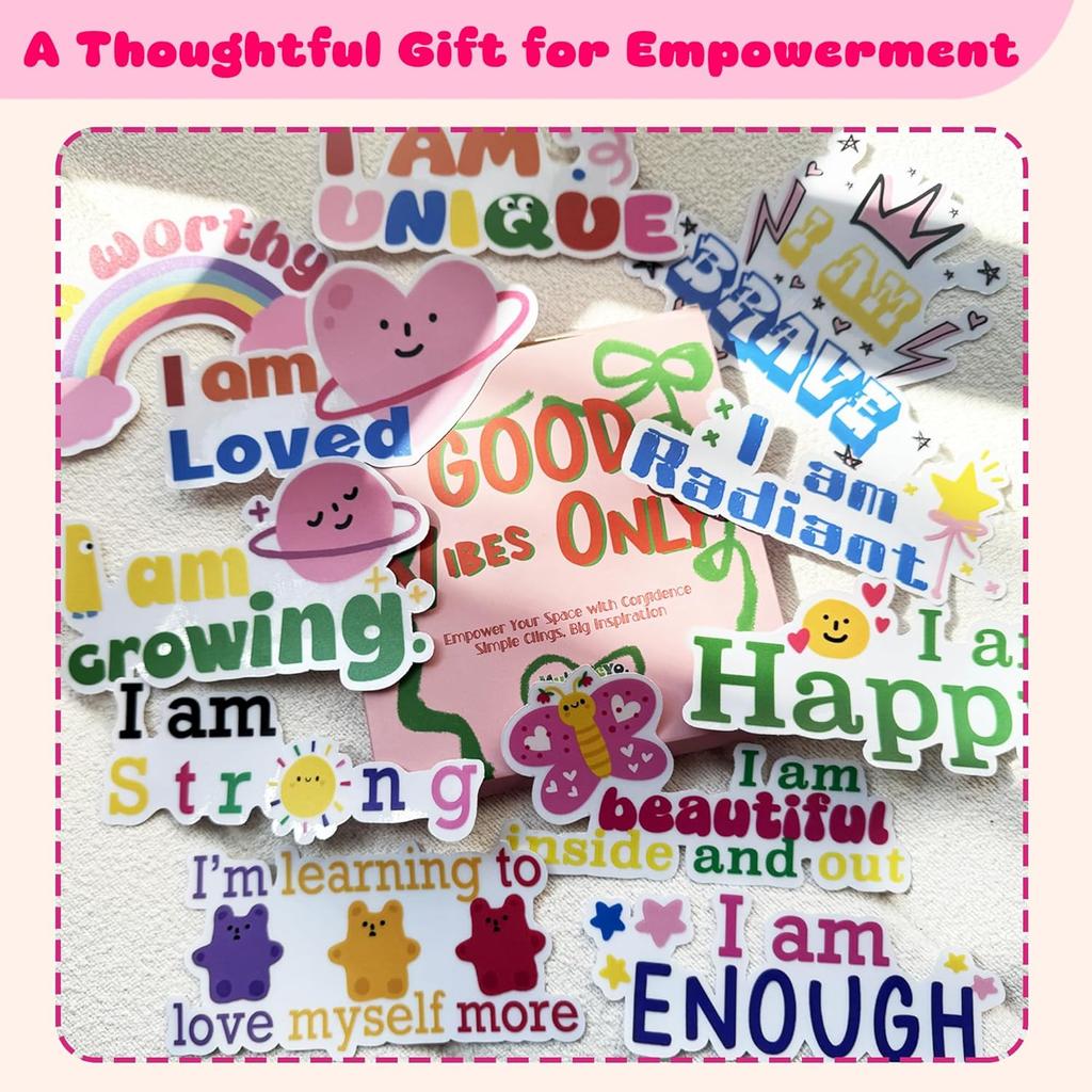 11 Positive Affirmation Mirror Stickers | Reble Static Decals with Motivational Quotes | Teen Girl Gift for Pirational Bathroom Mirror & Window Decor