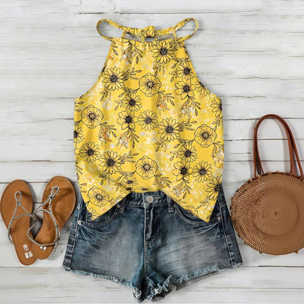 Women Sleeveless Bohemian Floral Print Tank Top Loose Fit Neck Blouse Casual Summer Lightweight Camisole Shirt