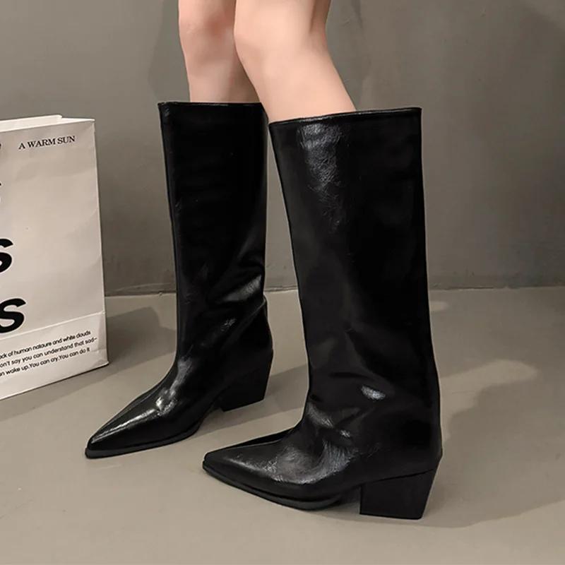 High Heels Women's High Boots Pointed Toe Elegant Leather Shoes  Fashion Knee High Gothic Boots New Pumps Long Mujer Botas