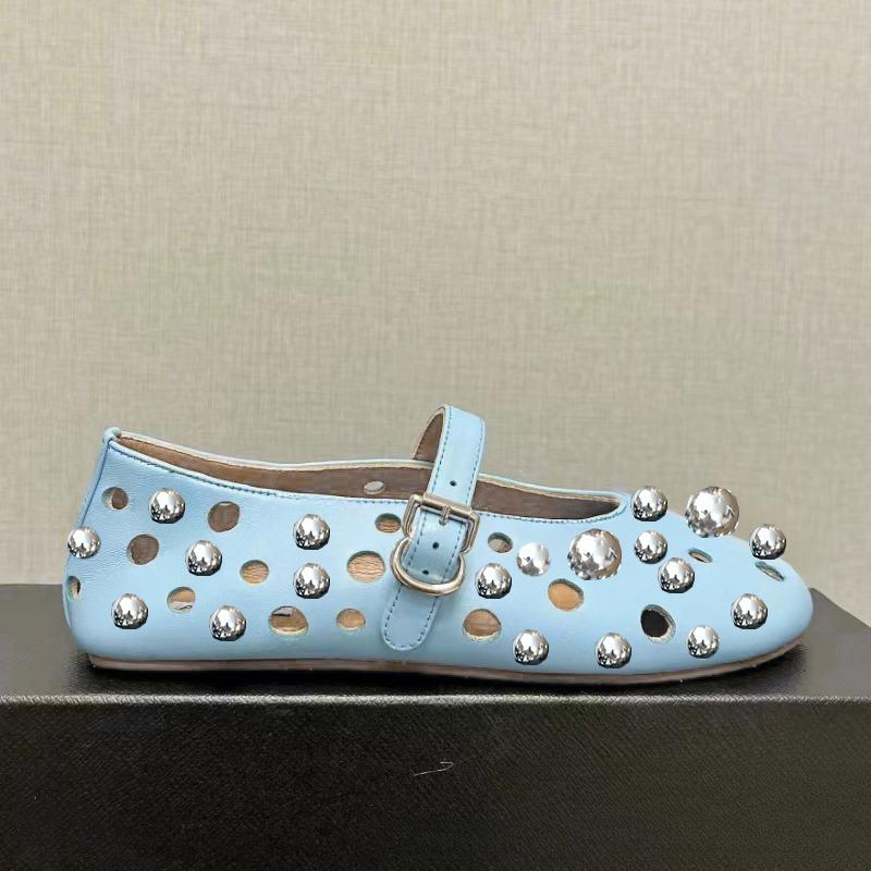 Fashion Luxury Black Pearl Round Head Buckle Ballet Sandals Summer Autumn Metal Hollow Commuting Casual Mary Jane Single Shoe Size 45