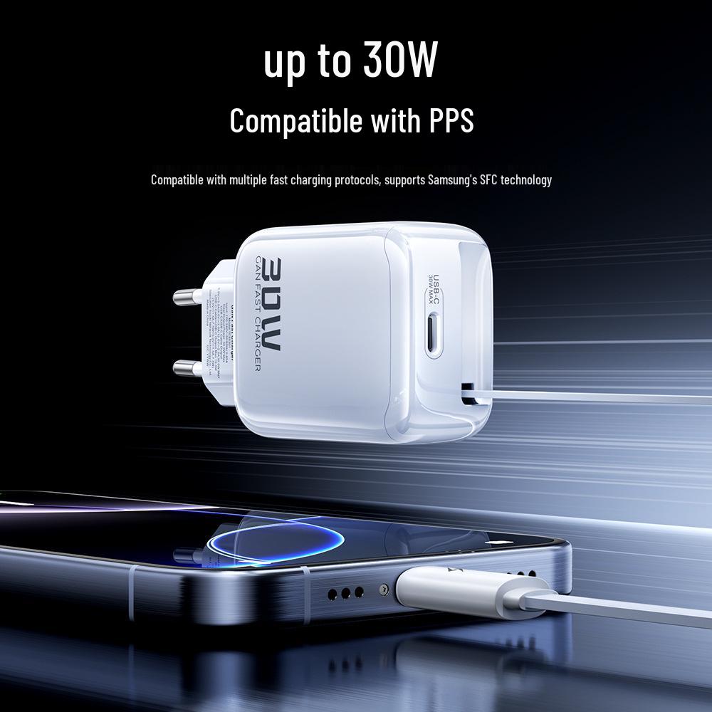 Tuqi 30W GaN Mini Folding Charger with Built-in Retractable Cable for Fast Charging Huawei & Apple Devices
