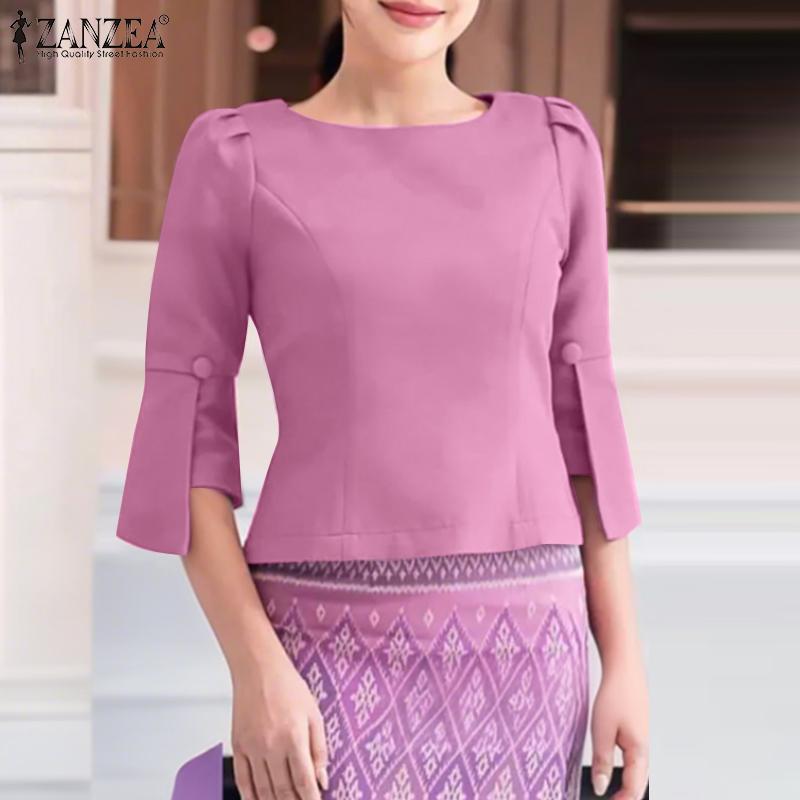 ZANZEA Women Casual Round Neck Split 3/4 Sleeve Summer Loose Blouse