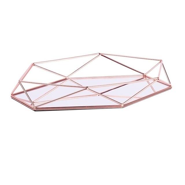 Three-dimensional Wrought Iron Storage Tray Nordic Minimalist Rose Gold Mirror Bottom Hexagonal Tray Home Decoration