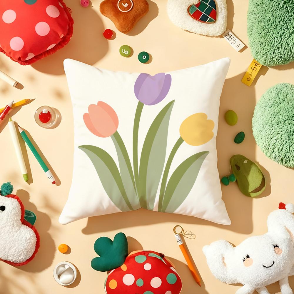 Tulip Flower Cushion Cover Soft Short Plush DoubleSided Printing Home Decor Machine Washable Pillow Case Gift