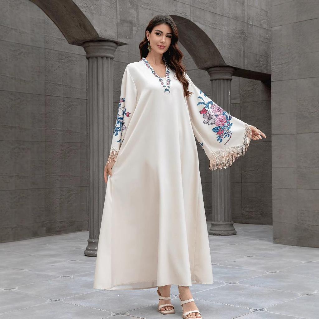 Embroidered Tassel V-neck Abaya: Middle Eastern Muslim Women's Long Robe