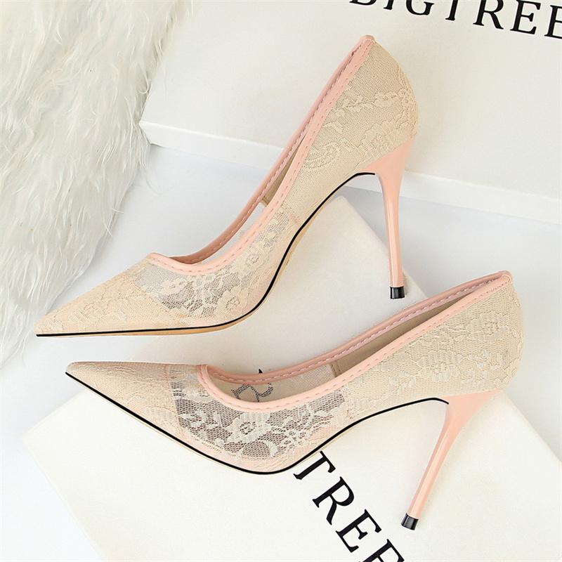 2026 Black Flower Lace Mesh Pumps Women Pointed Toe Shallow Fashion Party Single Shoes Show Thin High Heel Office Shoes