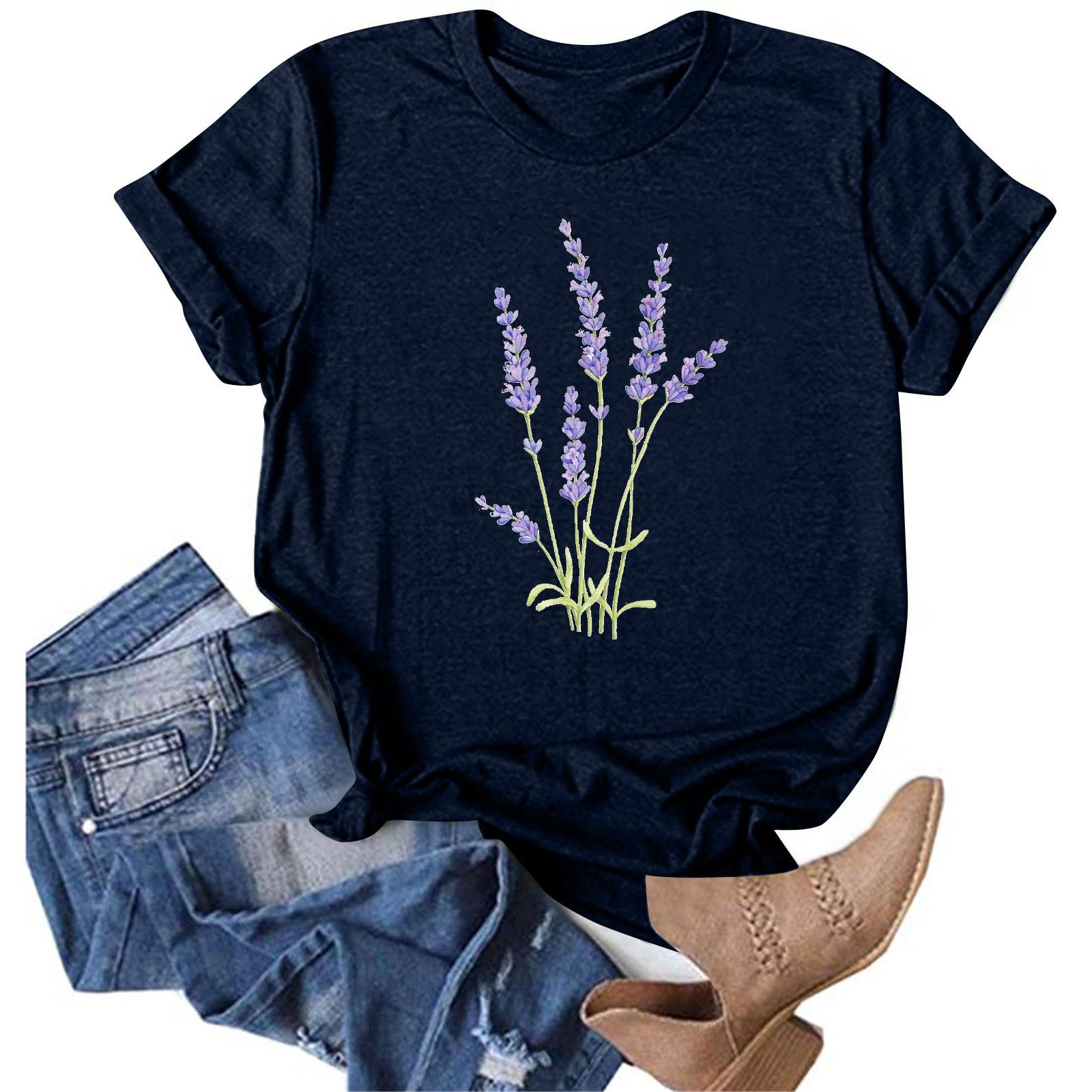 

Женская повседневная футболка с короткими рукавами и круглым вырезом с принтом лаванды XXL тёмно-синий