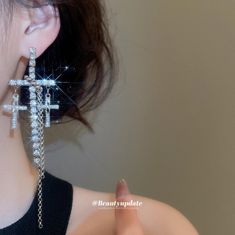 Silver Needle Diamond Cross Tassel Earrings: Chic & Elegant Long Statement Ear Pieces for Women