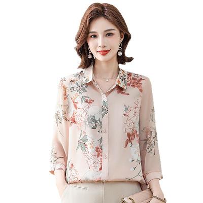 Women's Pink Floral Print Blouse Half Sleeve Button-Down Casual Chiffon Shirt