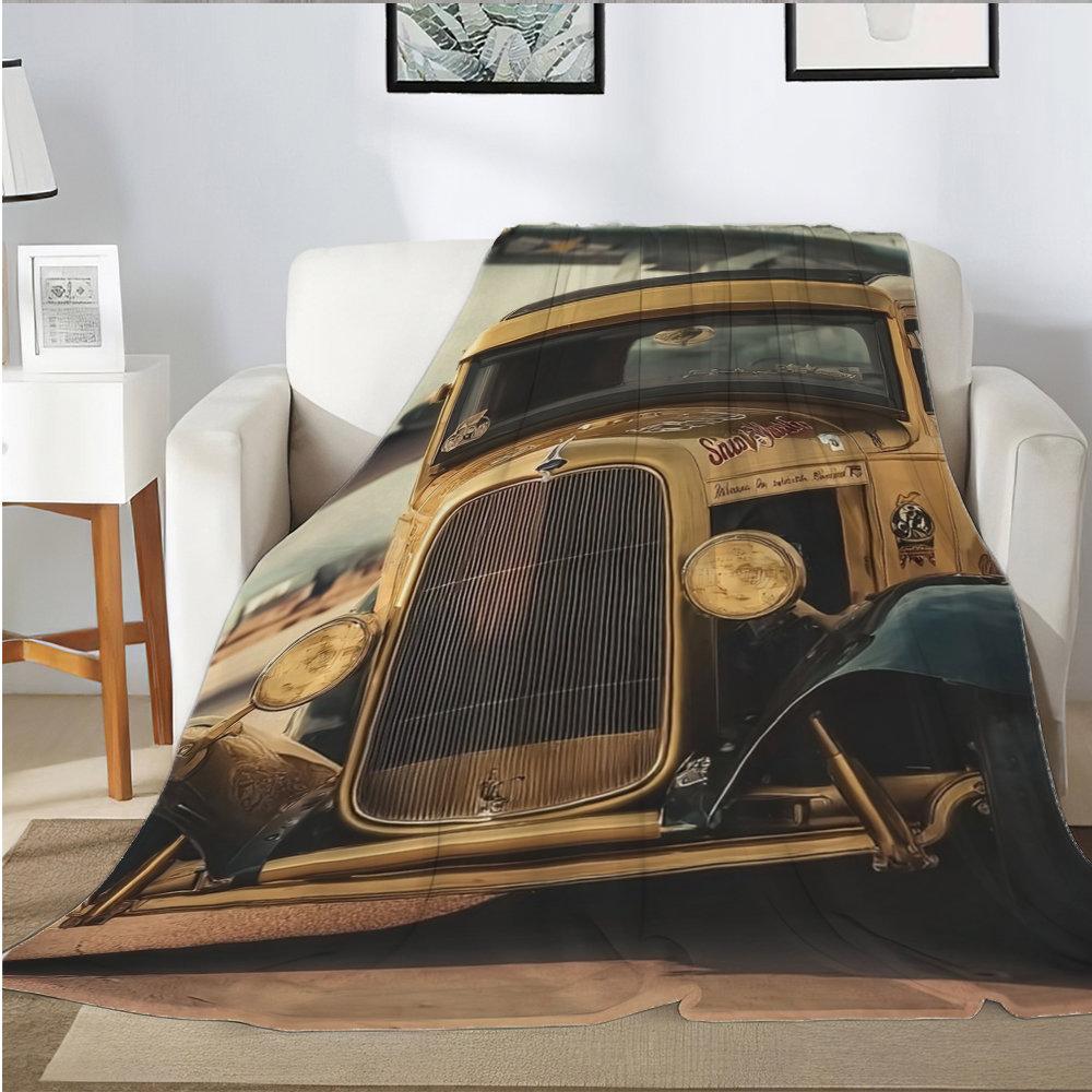 Retro-Amerikanischer Stil Auto-Thema Flanell-bedruckte Decke geeignet für alle Jahreszeiten geeignet für Wohnzimmer Büro Sofa und Reisen
