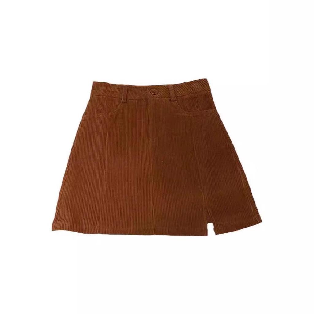 2024 Autumn Women's High-Waisted Corduroy A-Line Mini Skirt with Button, Slit, and Anti-Exposure Design - Korean Style Versatile Bodycon.
