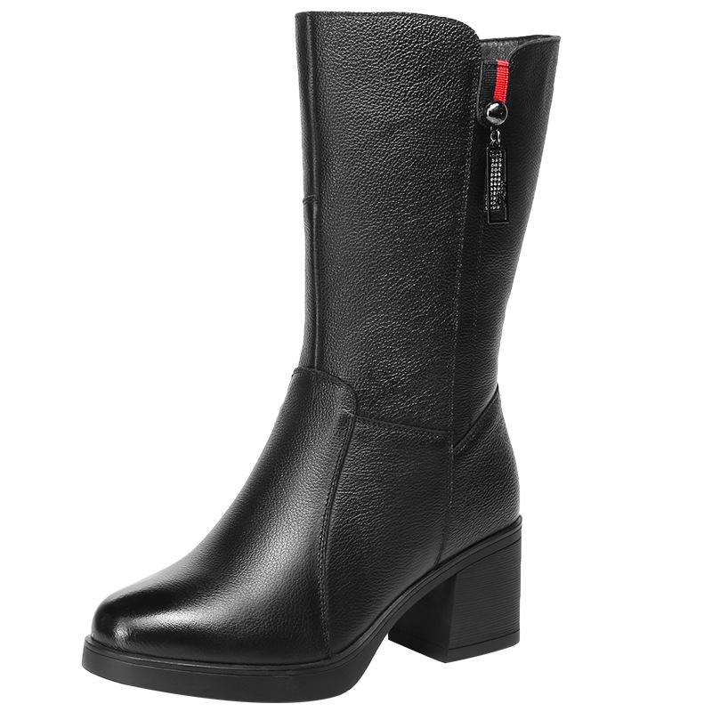 Fashion GKTINOO Women Mid-Calf Boots Winter Warm Side Zipper High Heel Booties Genuine Leather Platform Mother Shoes Female Footwear