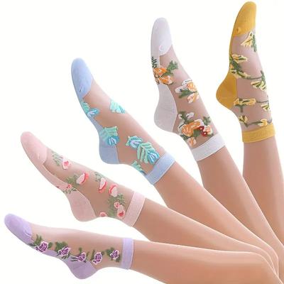 5 Paar Socken mit lebhafter floraler Stickerei - Weich, leicht, atmungsaktiv und transparentes Mid-Tube-Design - Maschinenwaschbar, Damen