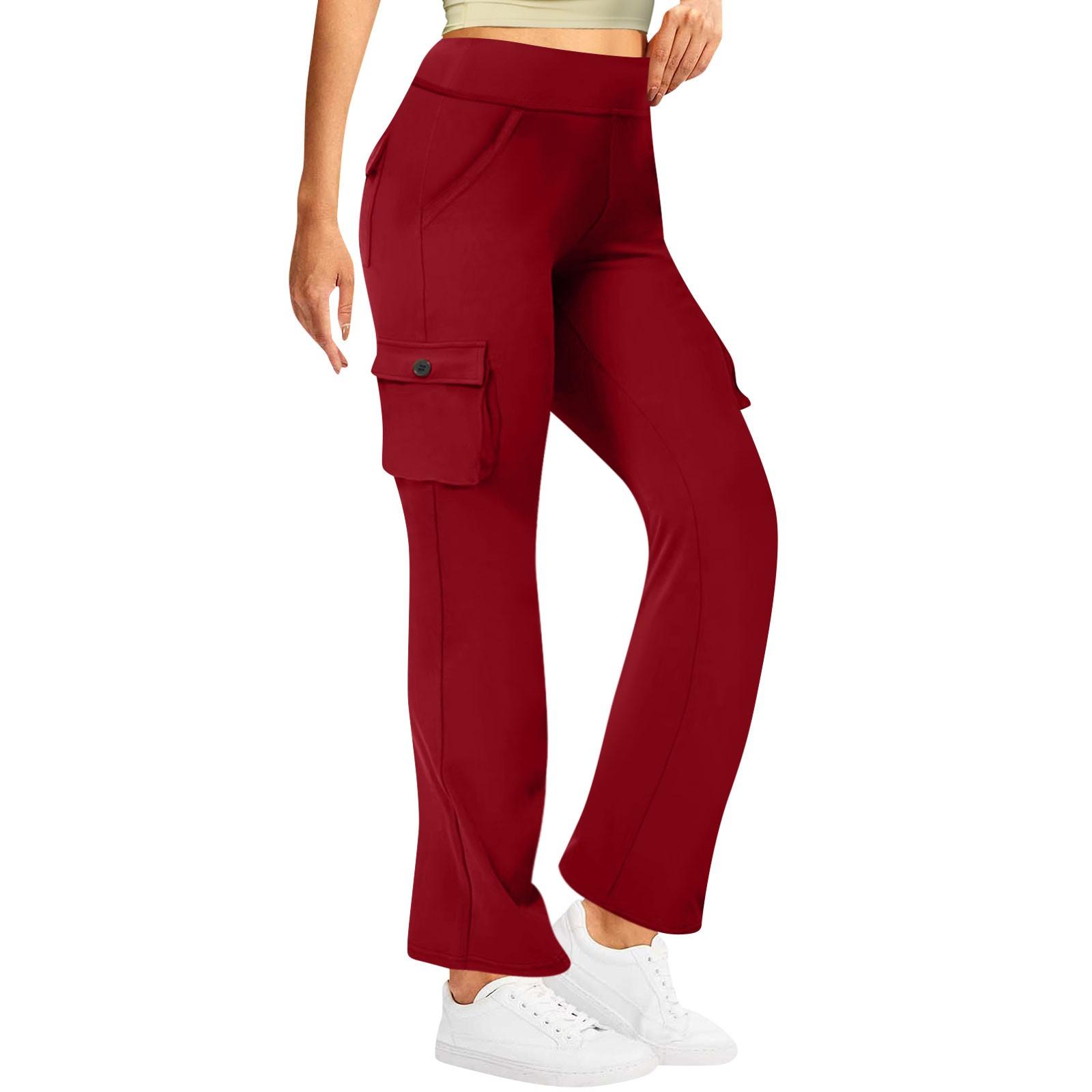 

Жіночі однотонні однотонні штани з космічними бічними кишенями та еластичною талією на ґудзиках із кількома кишенями S винний