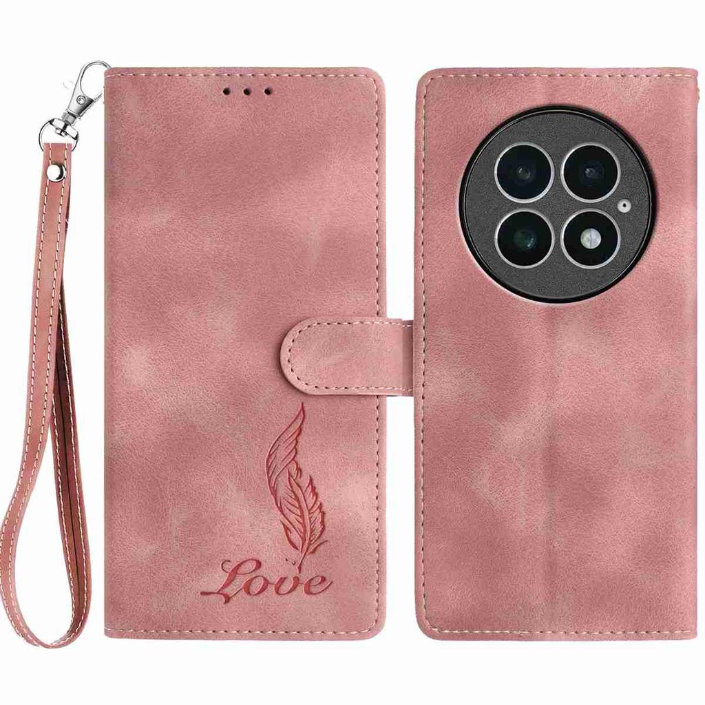 For OnePlus 13 Case Imprinted Feather PU Leather Wallet Phone Cover with Wrist Strap